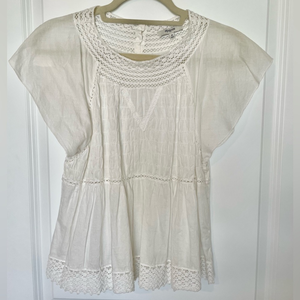 Madewell White Crochet-Yoke Flutter Sleeve Tunic